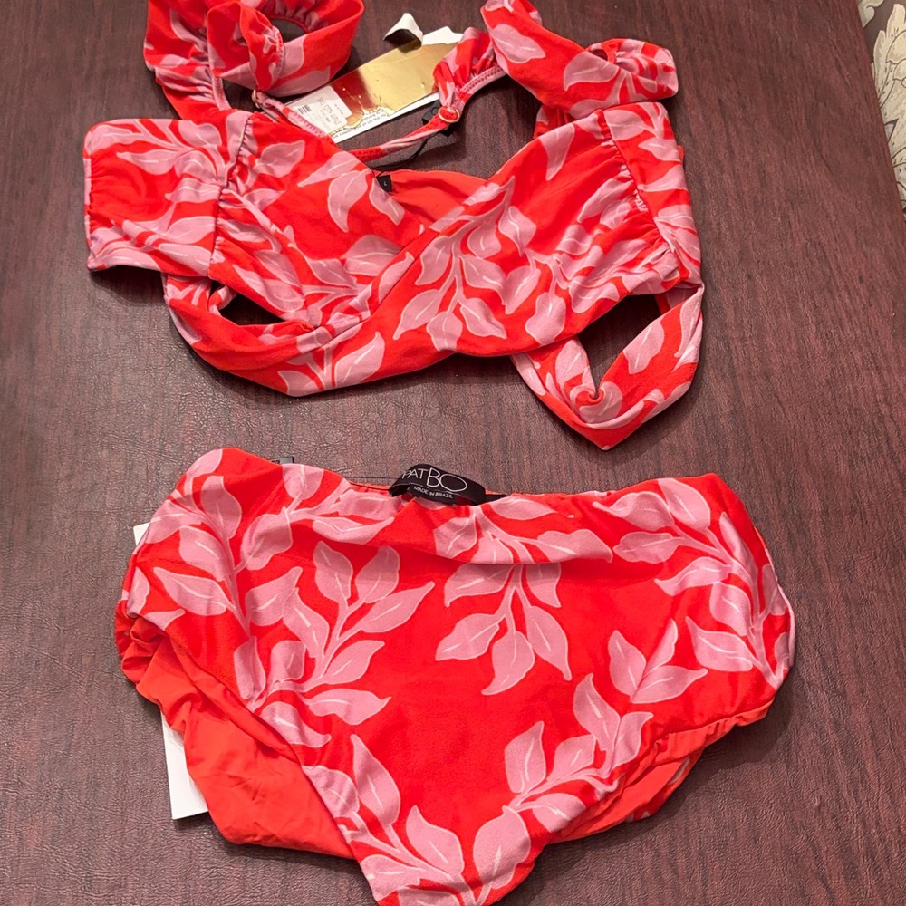 PatBO Red & Pink Floral Ruffle Strap bikini - Picture 8 of 9
